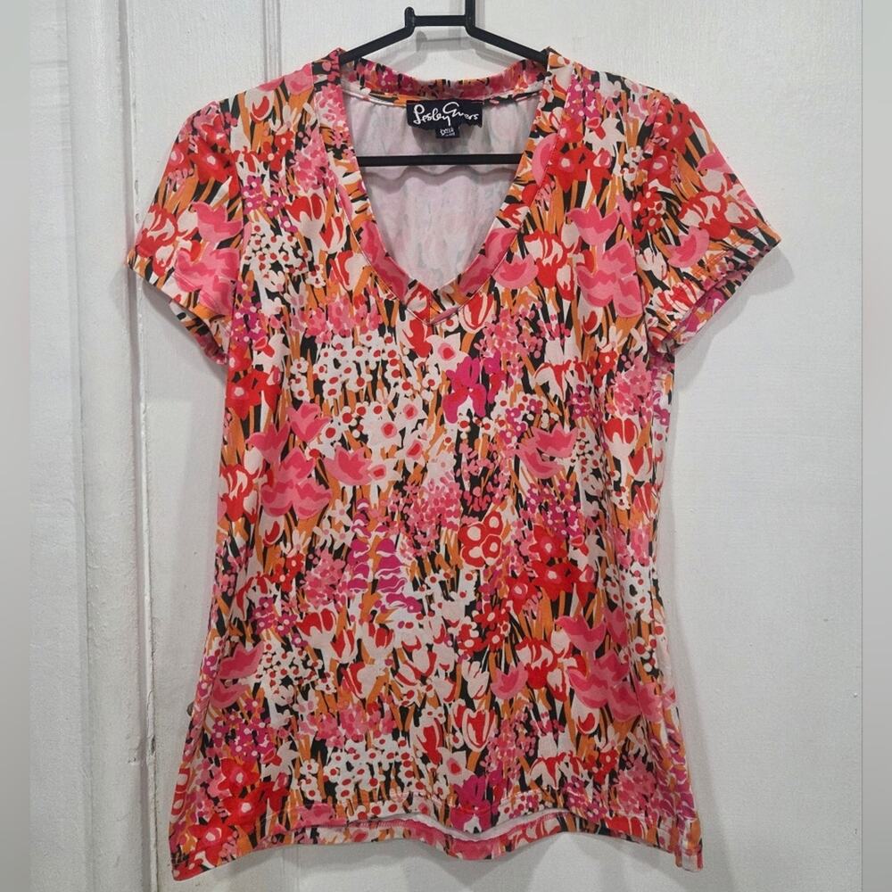 Lesley Evers Floral Pink Orange V-Neck Top Xsmall